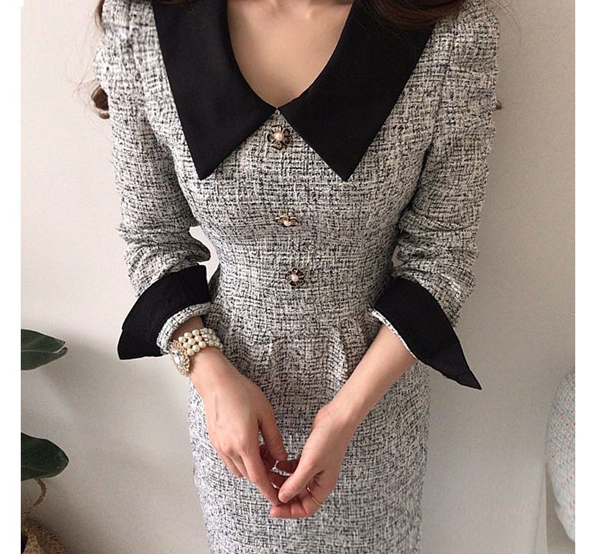 Long-Sleeve Contrast Collar Tweed Midi A-Line Dress SpreePicky