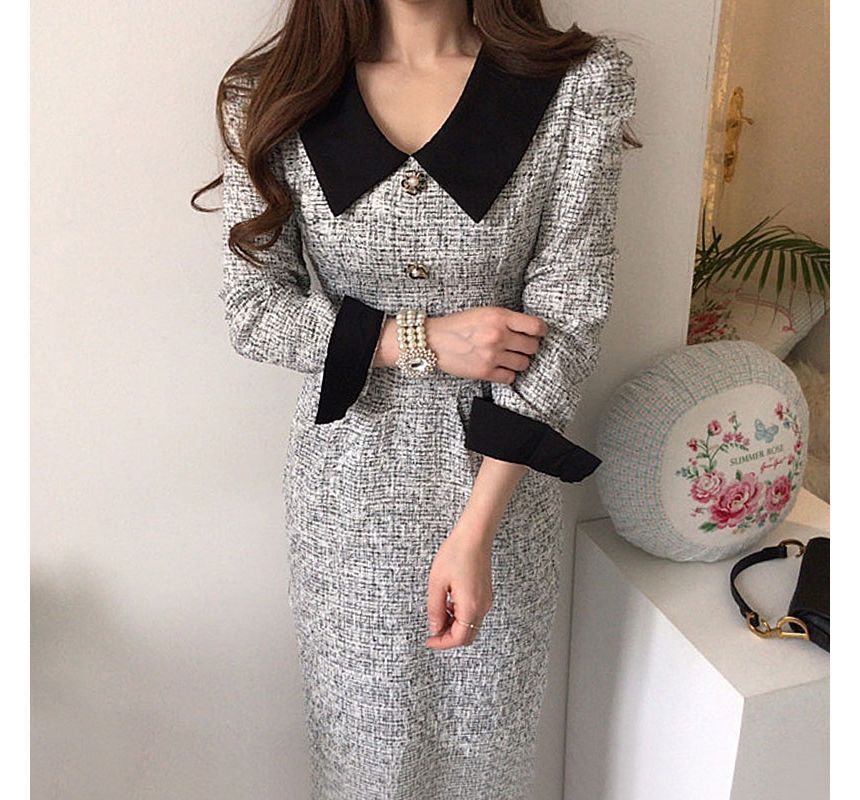 Long-Sleeve Contrast Collar Tweed Midi A-Line Dress SpreePicky