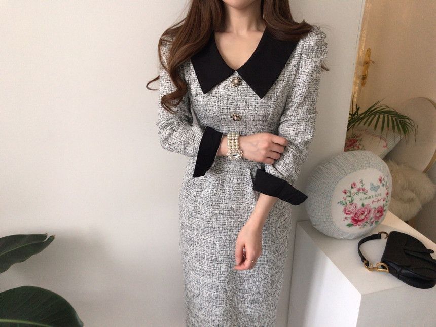 Long-Sleeve Contrast Collar Tweed Midi A-Line Dress SpreePicky