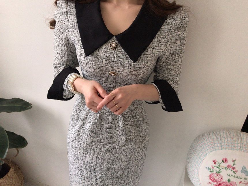 Long-Sleeve Contrast Collar Tweed Midi A-Line Dress SpreePicky