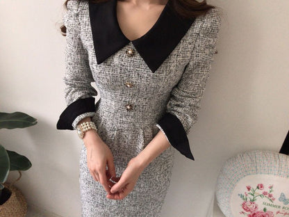 Long-Sleeve Contrast Collar Tweed Midi A-Line Dress SpreePicky