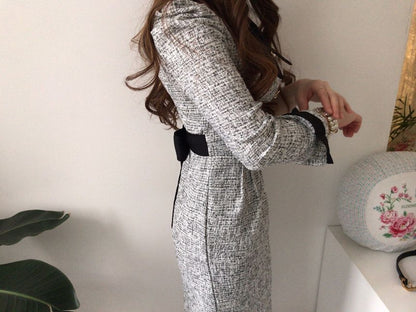 Long-Sleeve Contrast Collar Tweed Midi A-Line Dress SpreePicky