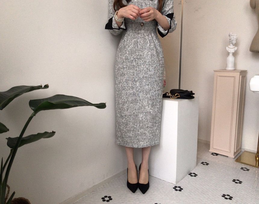 Long-Sleeve Contrast Collar Tweed Midi A-Line Dress SpreePicky