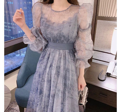 Puff-Sleeve Printed Midi A-Line Organza Dress SpreePicky