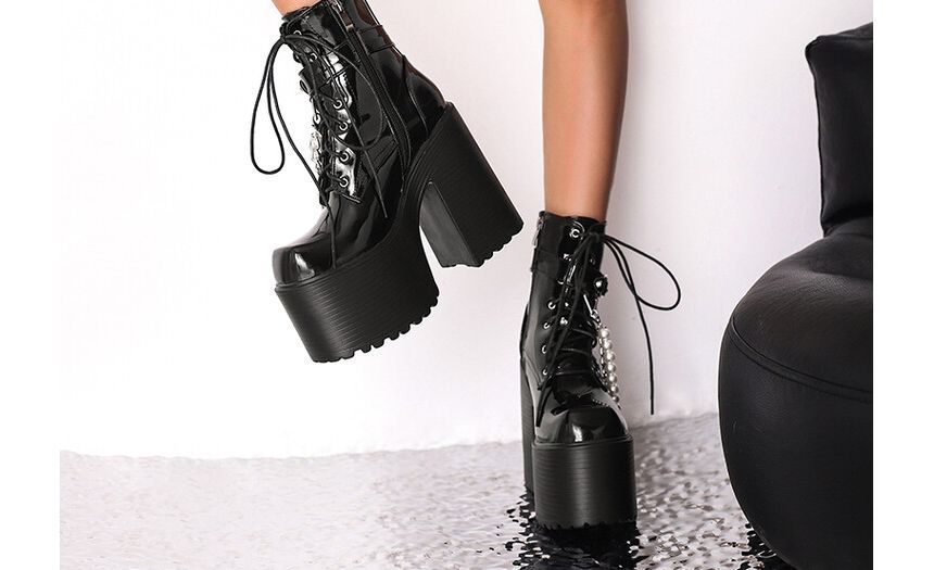 Platform Block Heel Faux Pearl Chain Lace Up Short Boots SpreePicky