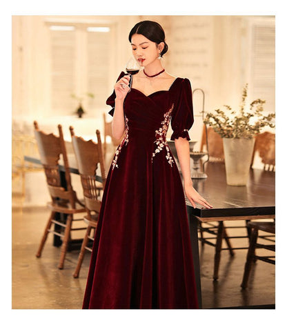 Short-Sleeve Sweetheart Neck Flower Embroidered Faux Pearl Velvet Maxi A-Line Cocktail Dress SpreePicky