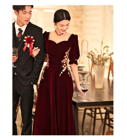 Short-Sleeve Sweetheart Neck Flower Embroidered Faux Pearl Velvet Maxi A-Line Cocktail Dress SpreePicky