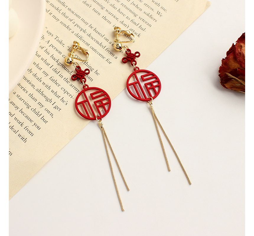 / Characters Fringed Clip-On Chinese Earring FashionChic