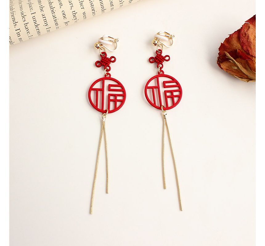 / Characters Fringed Clip-On Chinese Earring FashionChic