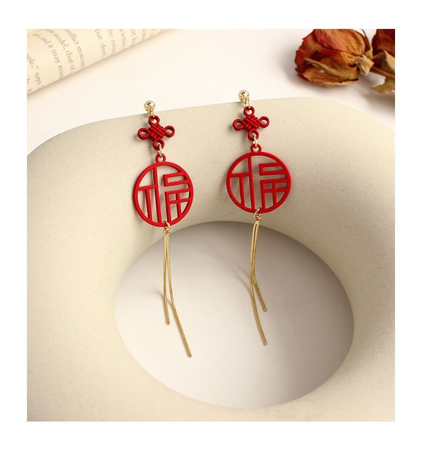 / Characters Fringed Clip-On Chinese Earring FashionChic