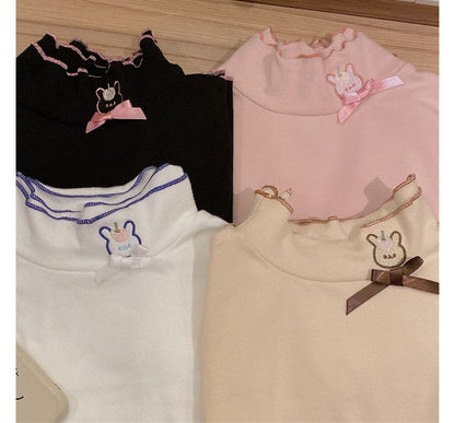 Long-Sleeve Rabbit Embroidered Lettuce Edge Tee mySite