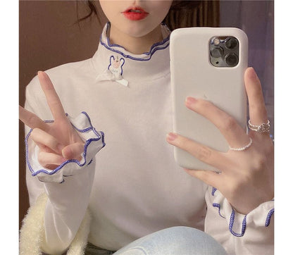 Long-Sleeve Rabbit Embroidered Lettuce Edge Tee mySite