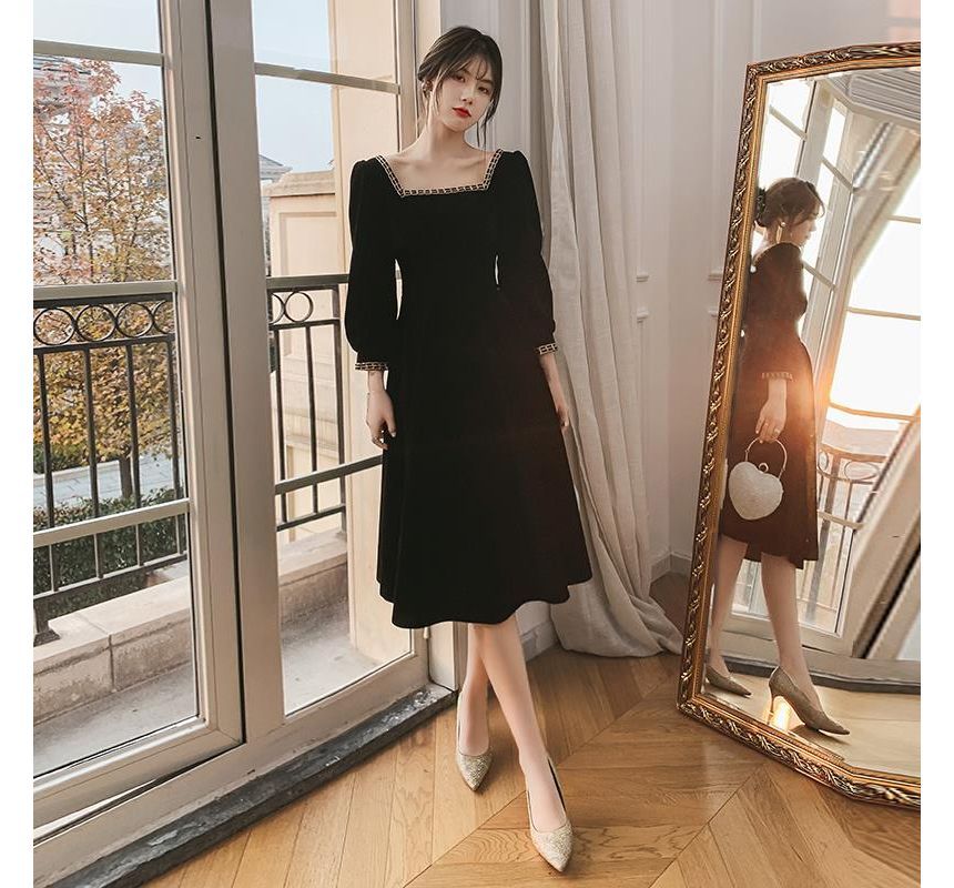 Long-Sleeve Square Neck Midi A-Line Dress SpreePicky