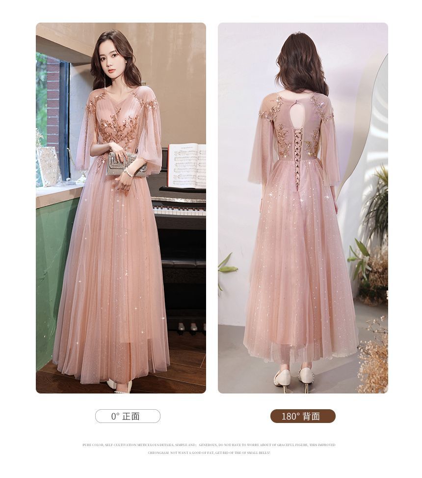 V-Neck Rhinestone A-Line Evening Gown SpreePicky