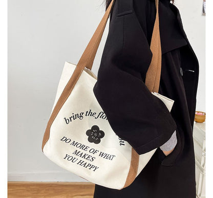 Two-Tone Flower Print Canvas Tote Bag SpreePicky