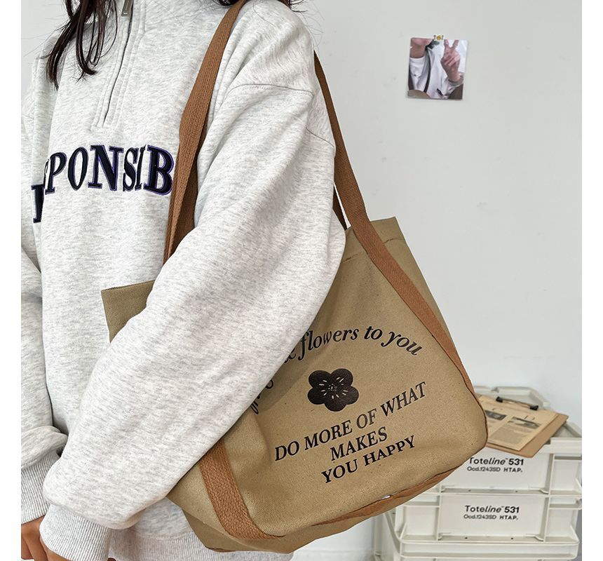 Two-Tone Flower Print Canvas Tote Bag SpreePicky