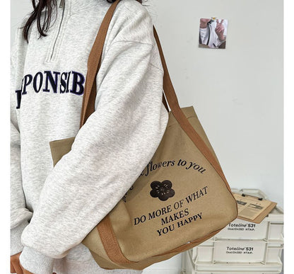 Two-Tone Flower Print Canvas Tote Bag SpreePicky