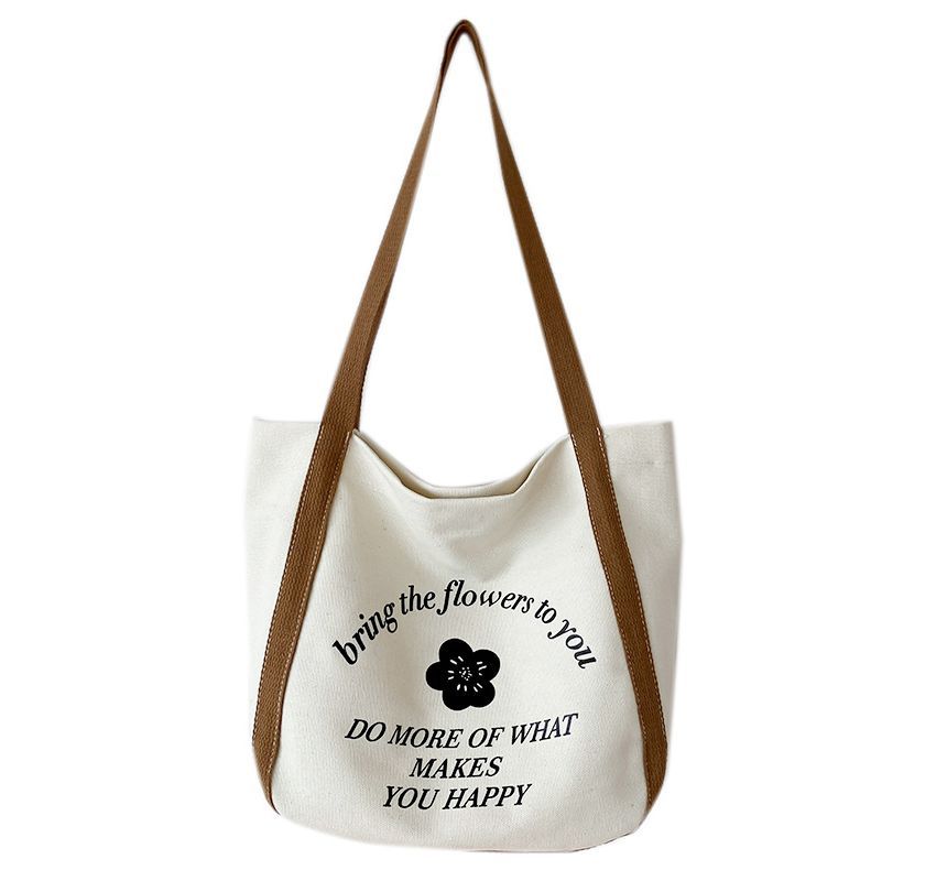 Two-Tone Flower Print Canvas Tote Bag SpreePicky