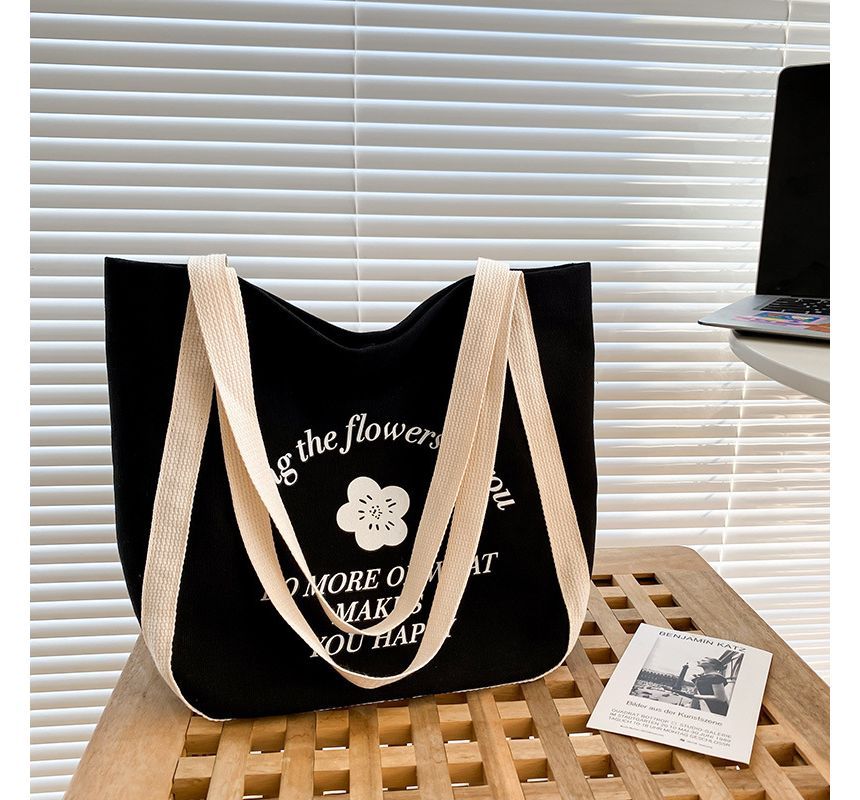 Two-Tone Flower Print Canvas Tote Bag SpreePicky