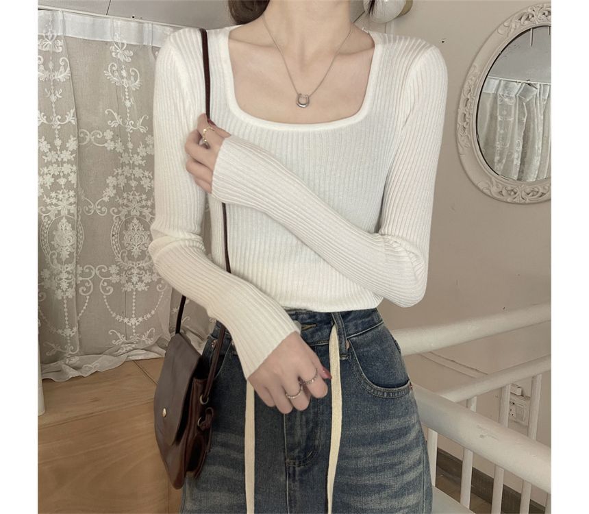 Square Neck Plain Knit Top SpreePicky