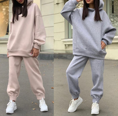 Set: Long Sleeve Plain Loose-Fit Hoodie + Straight-Leg Sweatpants SpreePicky