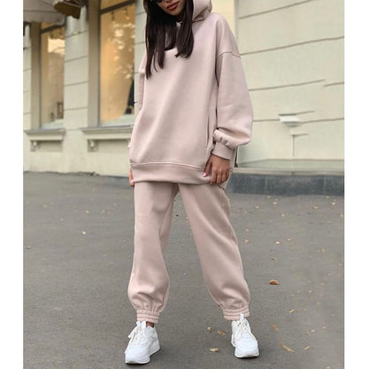 Set: Long Sleeve Plain Loose-Fit Hoodie + Straight-Leg Sweatpants SpreePicky