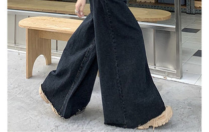 High Waist Washed Fray Hem Maxi Denim Skirt SpreePicky