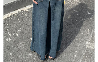 High Waist Washed Fray Hem Maxi Denim Skirt SpreePicky