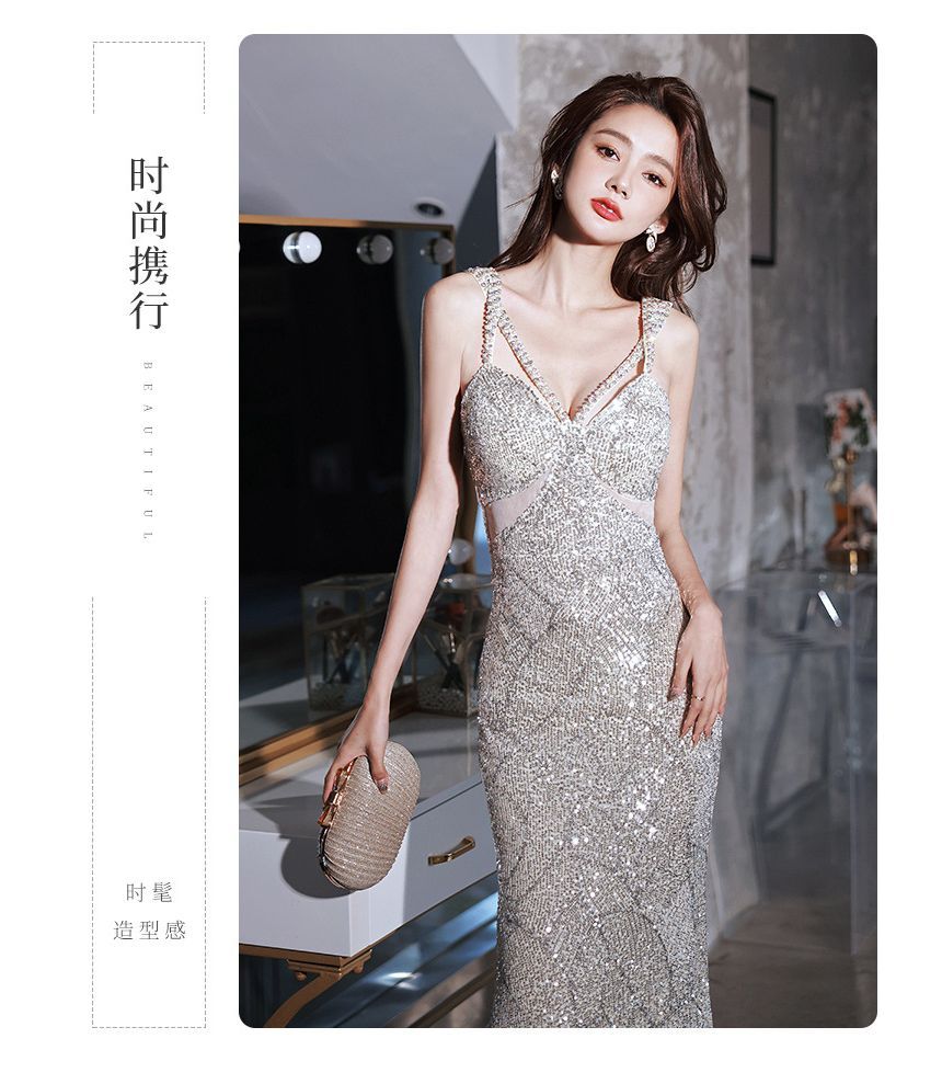 Sleeveless V-Neck Sequined Mermaid Evening Gown SpreePicky