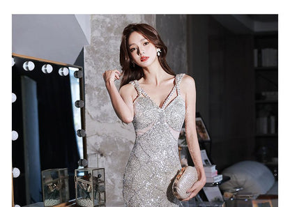 Sleeveless V-Neck Sequined Mermaid Evening Gown SpreePicky