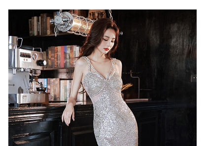 Sleeveless V-Neck Sequined Mermaid Evening Gown SpreePicky