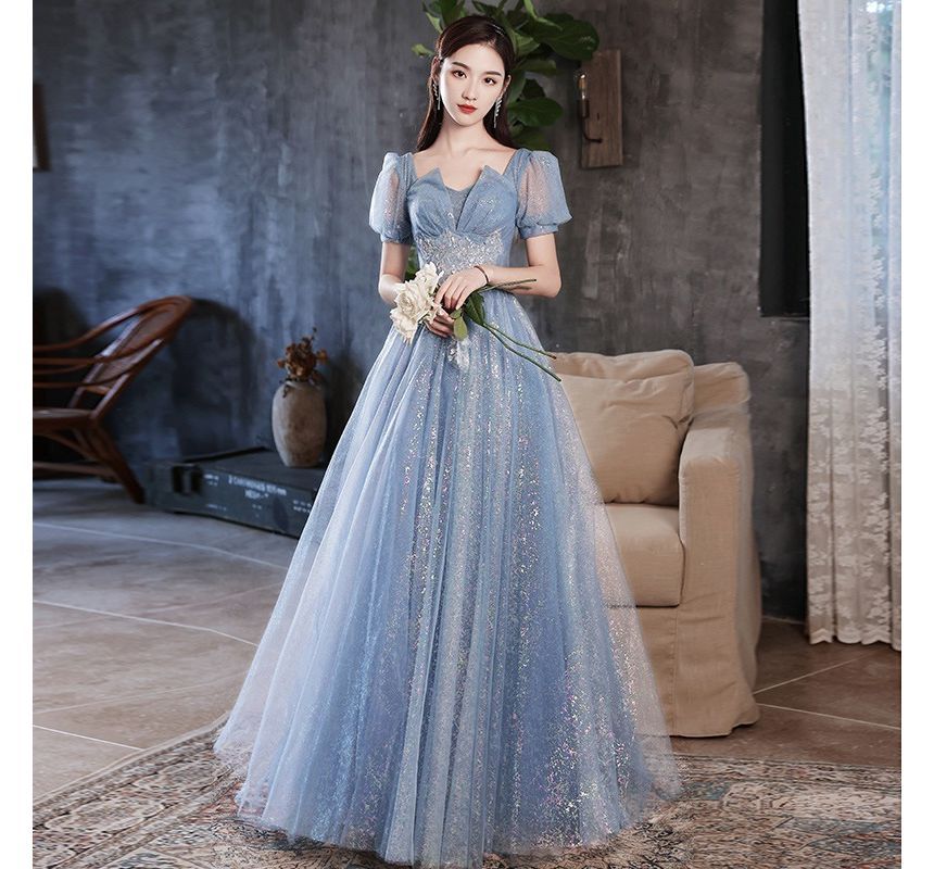 Short-Sleeve Notched Sequined A-Line Evening Gown Egirldoll