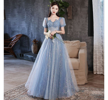 Short-Sleeve Notched Sequined A-Line Evening Gown Egirldoll