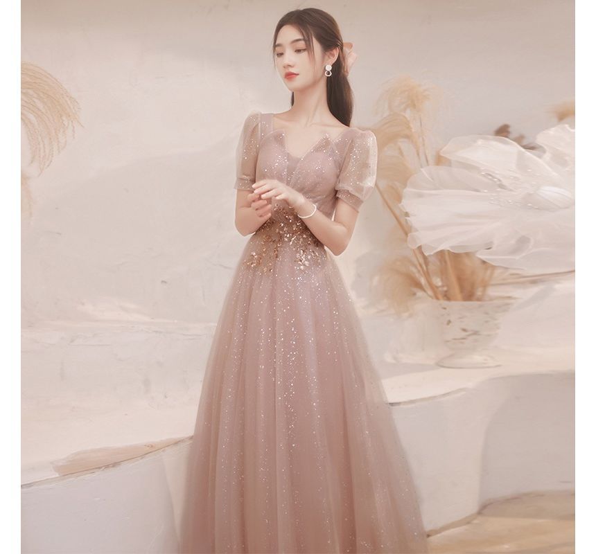 Short-Sleeve Notched Sequined A-Line Evening Gown Egirldoll