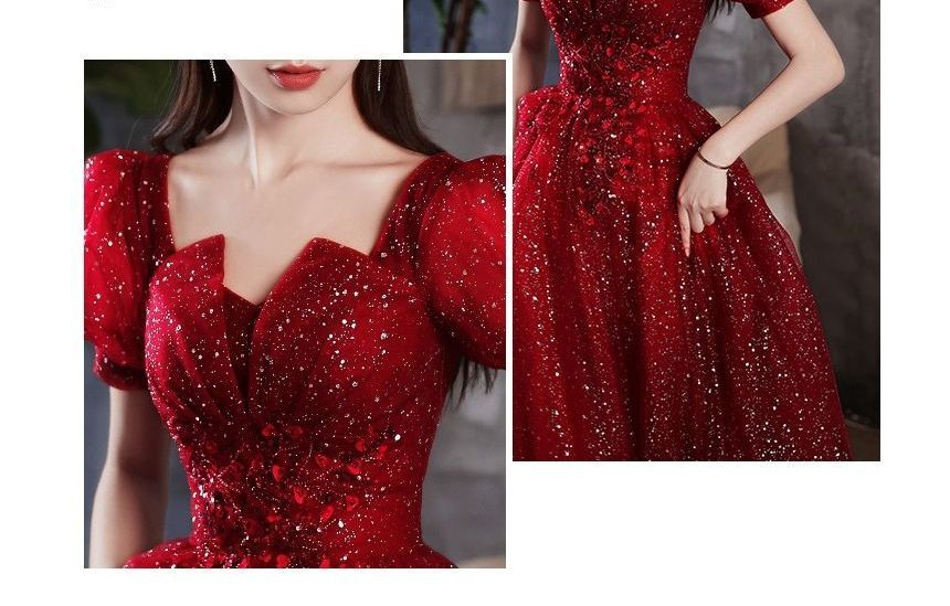 Short-Sleeve Notched Sequined A-Line Evening Gown Egirldoll