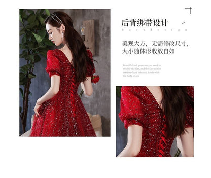 Short-Sleeve Notched Sequined A-Line Evening Gown Egirldoll