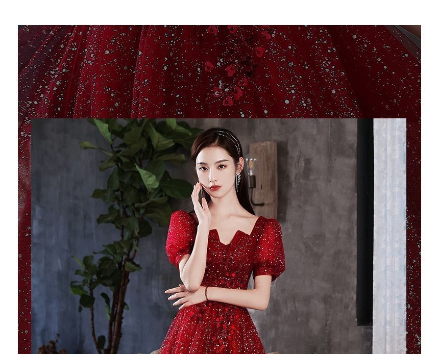 Short-Sleeve Notched Sequined A-Line Evening Gown Egirldoll