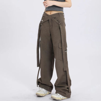 V Waistline Straight-Fit Wide-Leg Cargo Pants SpreePicky