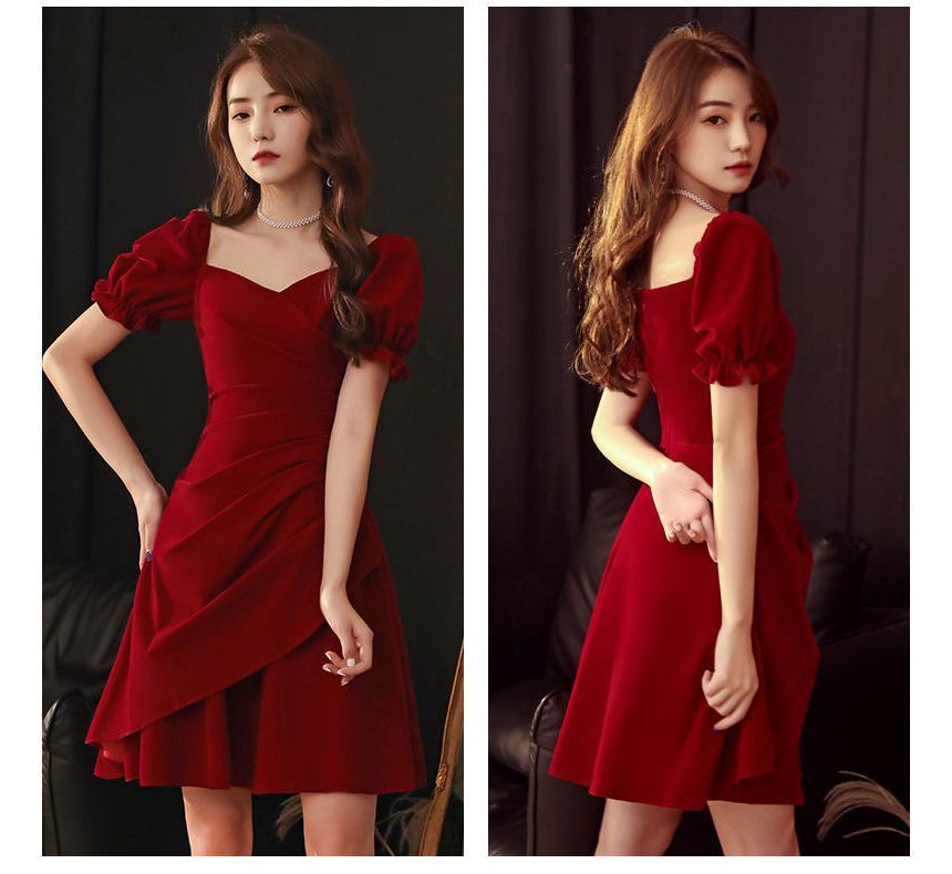 Short-Sleeve Asymmetric Ruched Plain Dress SpreePicky