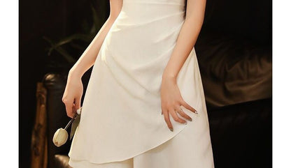 Short-Sleeve Asymmetric Ruched Plain Dress SpreePicky