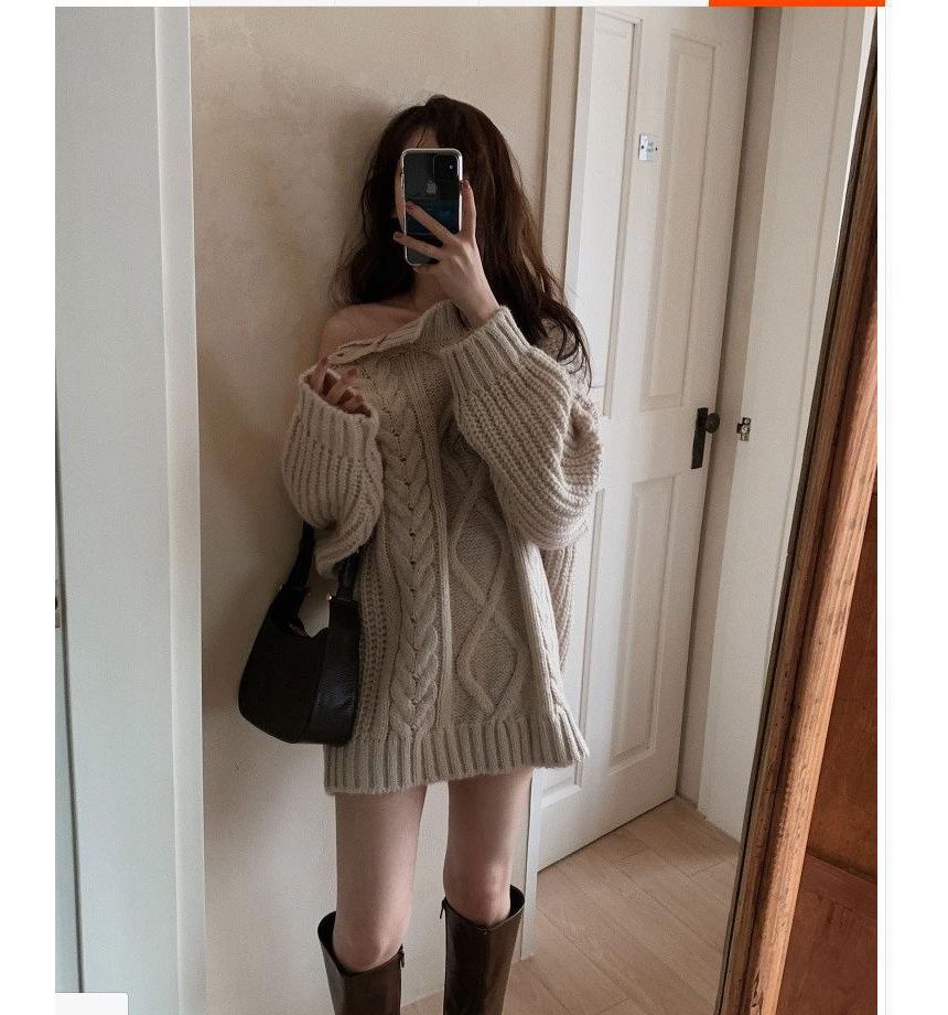 Crew Neck Button Cable Knit Sweater mySite