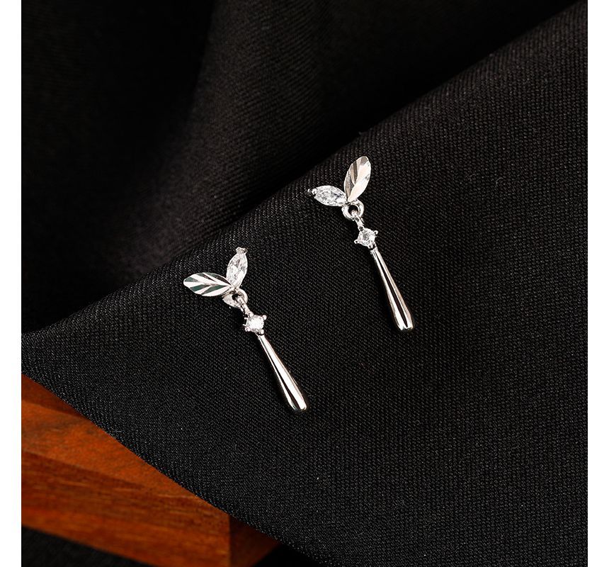 925 Sterling Silver Leaf Rhinestone Drop Earring SpreePicky