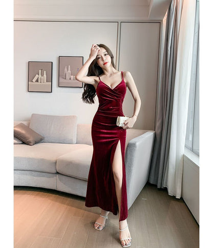 Spaghetti-Strap Plain Velvet Side Slit Evening Gown SpreePicky