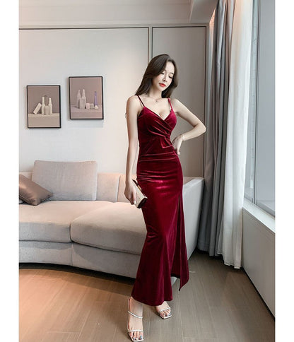 Spaghetti-Strap Plain Velvet Side Slit Evening Gown SpreePicky