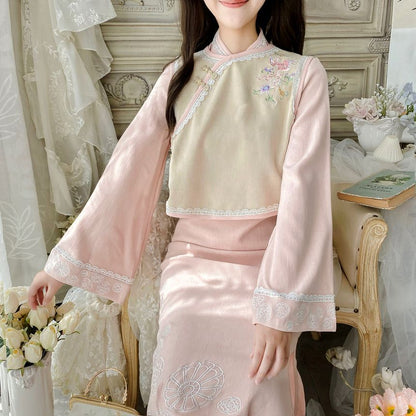 Set: Bell-Sleeve Mandarin Collar Midi A-Line Dress + Floral Embroidery Frog Button Crop Vest mySite