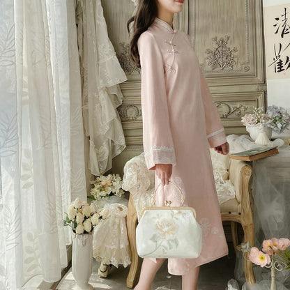 Set: Bell-Sleeve Mandarin Collar Midi A-Line Dress + Floral Embroidery Frog Button Crop Vest mySite