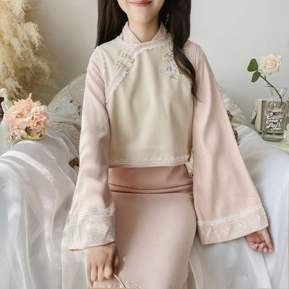 Set: Bell-Sleeve Mandarin Collar Midi A-Line Dress + Floral Embroidery Frog Button Crop Vest mySite