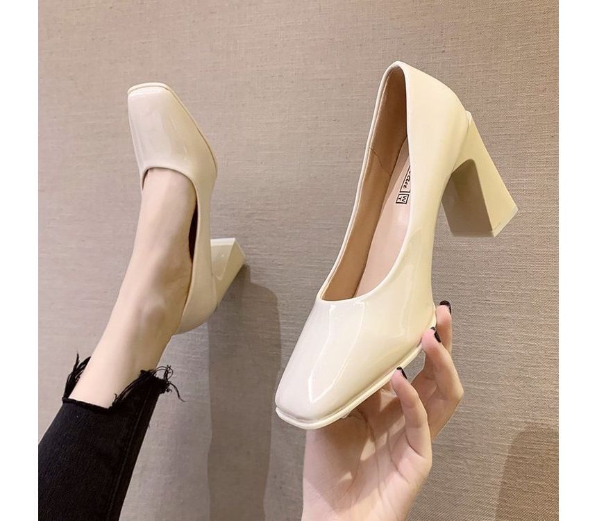 Square-Toe Chunky Heel Patent Pumps SpreePicky