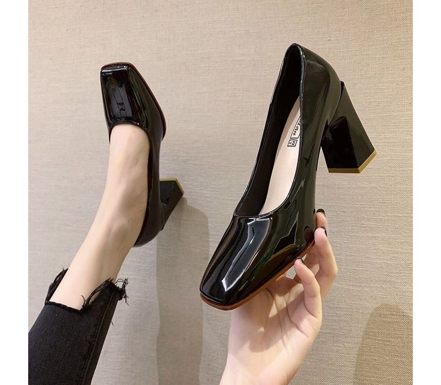 Square-Toe Chunky Heel Patent Pumps SpreePicky