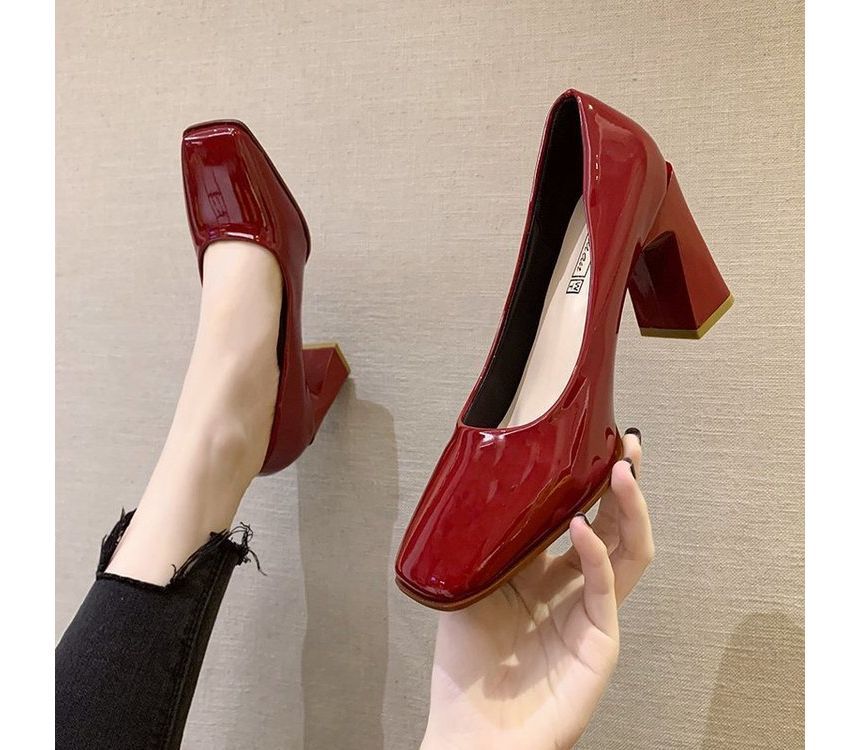 Square-Toe Chunky Heel Patent Pumps SpreePicky